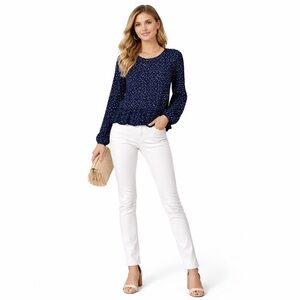 Divided Navy Heart Print Long Sleeve Peplum Blouse Romantic Cottagecore Size 6